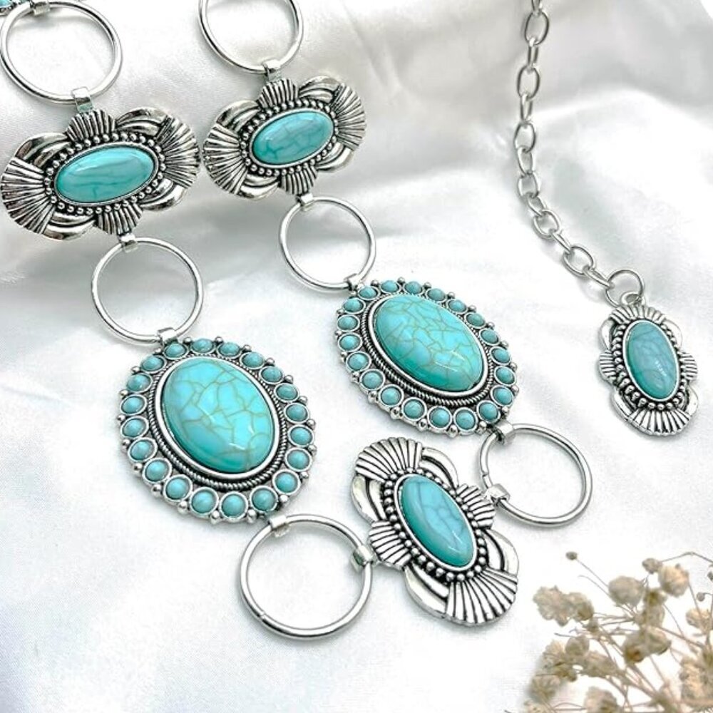 Turquoise Concho Belt for Women Silver Western Chain Belt, Cowgirl Country belt - Picture 7 of 8